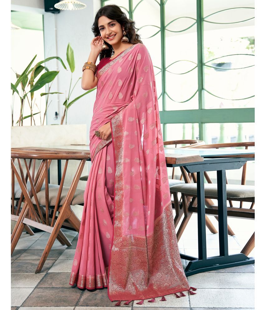     			Samah Georgette Woven Saree With Blouse Piece - Pink ( Pack of 1 )