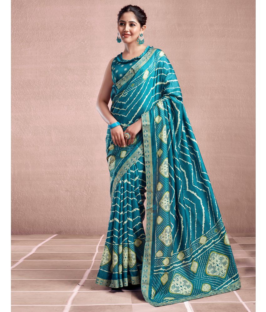     			Samah Silk PRINTED Saree With Blouse Piece - Teal ( Pack of 1 )