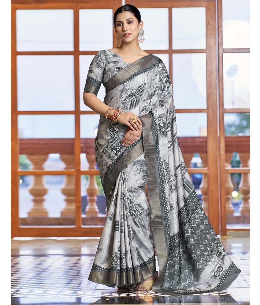     			Samah Silk Printed Saree With Blouse Piece - Light Grey ( Pack of 1 )