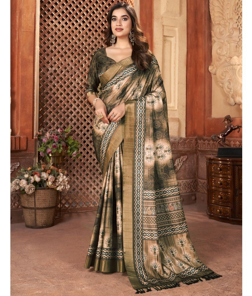     			Samah Silk Printed Saree With Blouse Piece - Brown ( Pack of 1 )