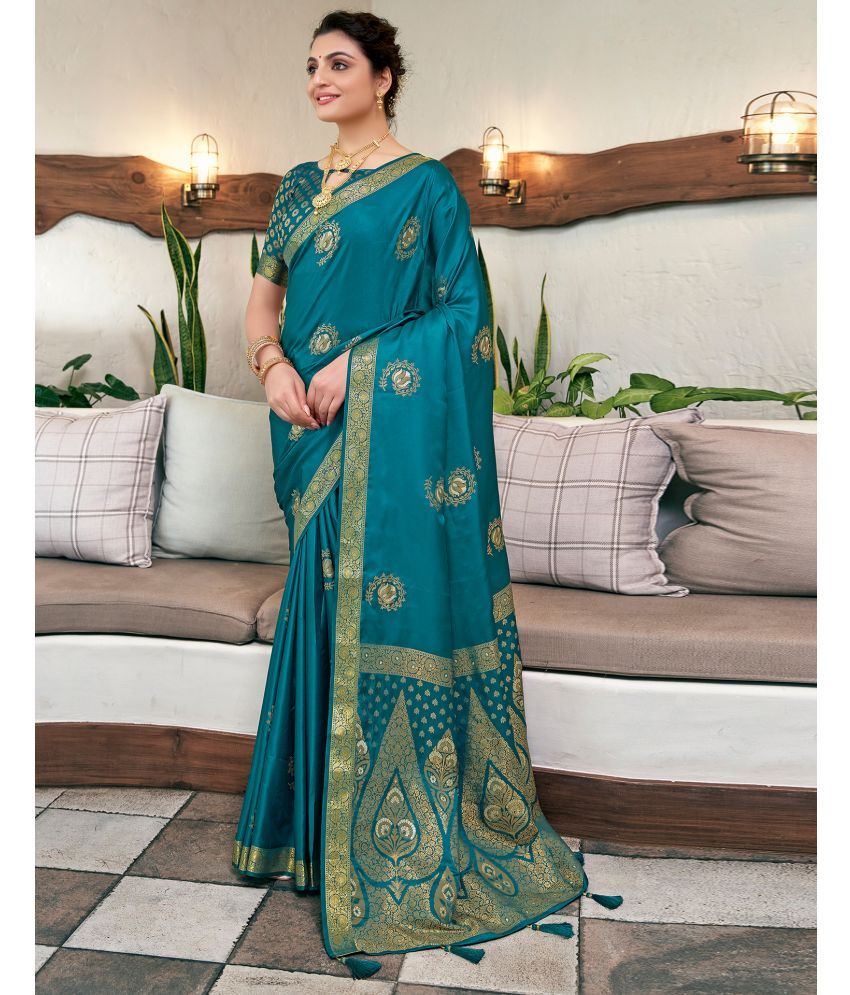     			Samah Silk Woven Saree With Blouse Piece - Teal ( Pack of 1 )