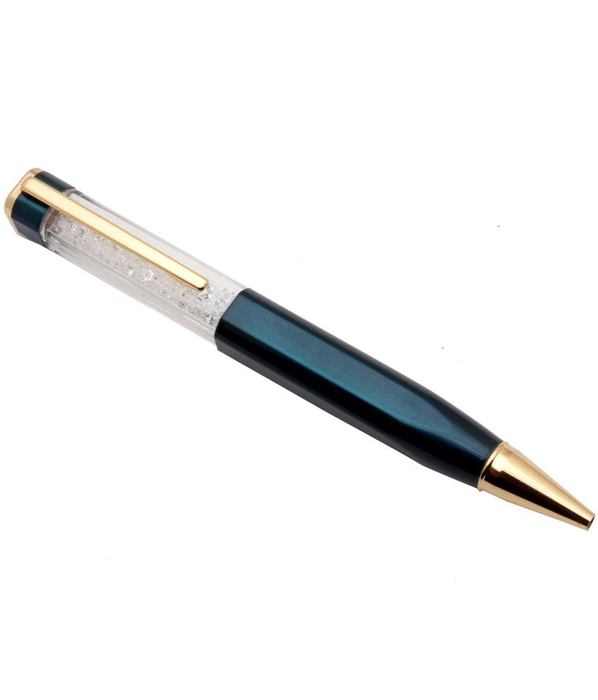     			Srpc White Crystal Diamond Teal Blue Metal Body Ballpoint Pen With Golden Trims & Blue Refill