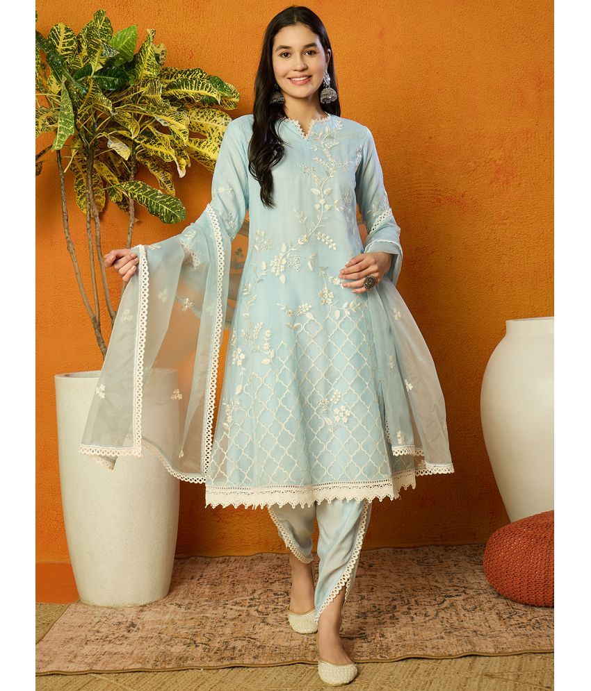     			Vaamsi Organza Embroidered Kurti With Dhoti Pants Women's Stitched Salwar Suit - Blue ( Pack of 1 )