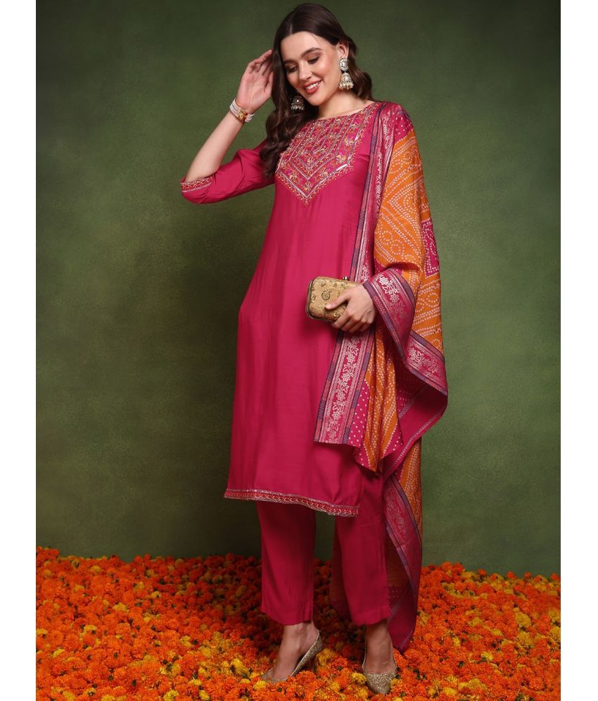     			Vaamsi Silk Blend Embroidered Kurti With Pants Women's Stitched Salwar Suit - Pink ( Pack of 1 )