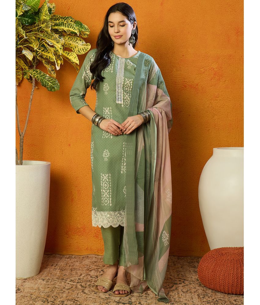     			Vaamsi Silk Blend Printed Kurti With Pants Women's Stitched Salwar Suit - Green ( Pack of 1 )