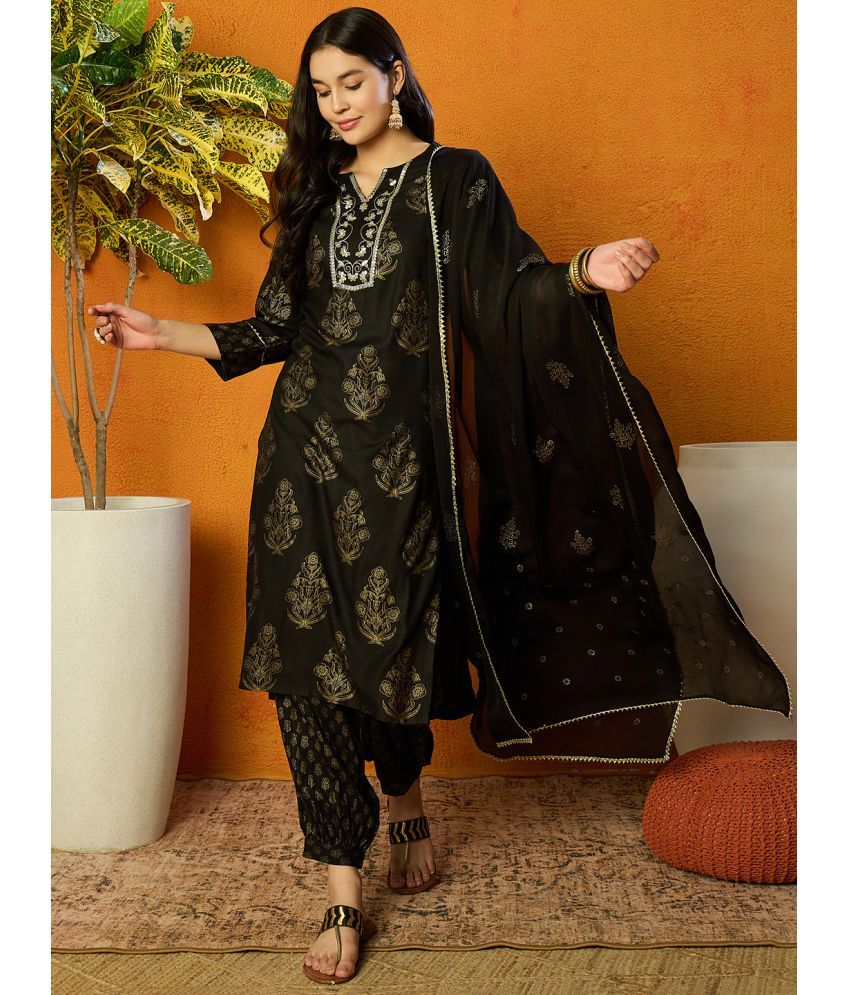     			Vaamsi Viscose Printed Kurti With Salwar Women's Stitched Salwar Suit - Black ( Pack of 1 )