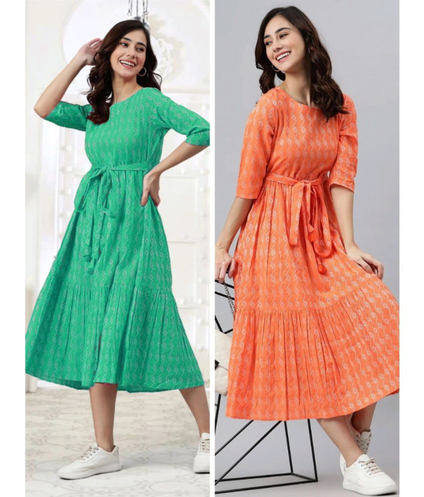     			ASHISH PRINT Cotton Printed Midi Women's Fit & Flare Dress - Orange ( Pack of 2 )