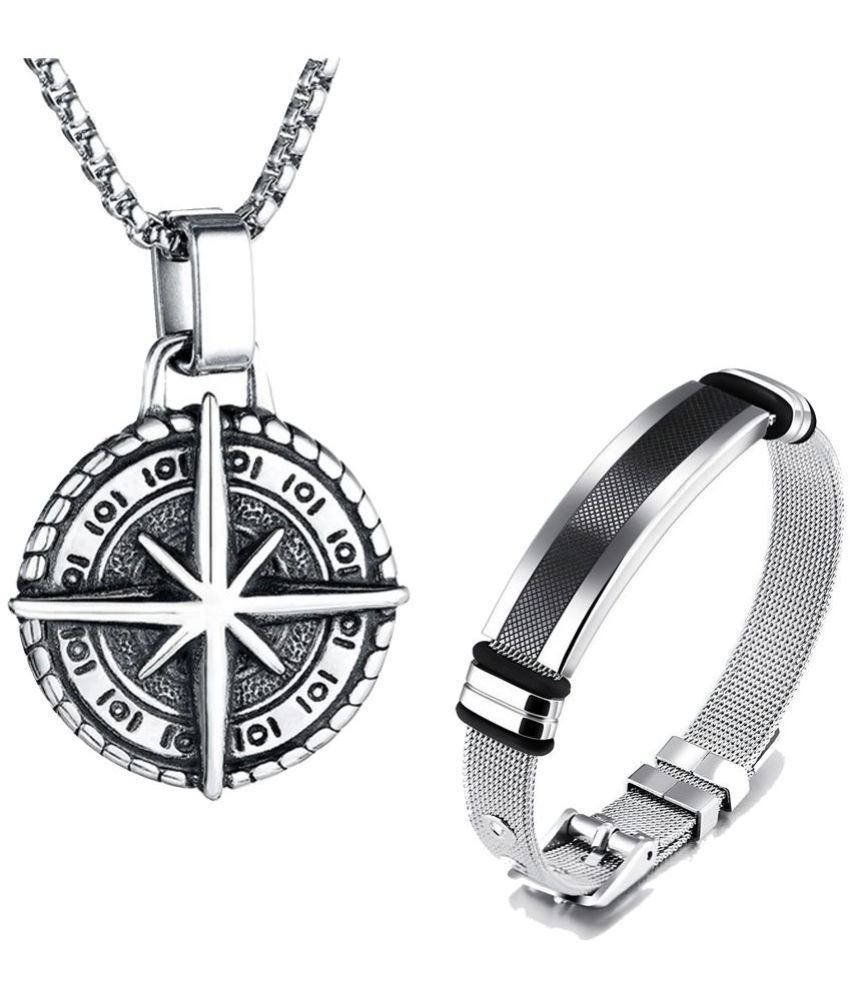     			Fashion Frill Stylish Silver Chain For Men Stainless Steel Compass Silver Chain Pendant With Silver Bracelet For Men Boys Jewellery Combo