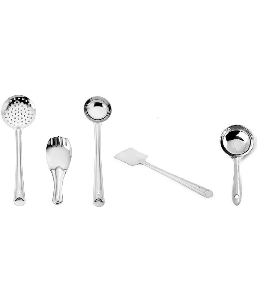     			Dynore Silver Stainless Steel Spoodle Large, Palta, Dosa Ladle, Zhara and Punja ( Set of 5 )