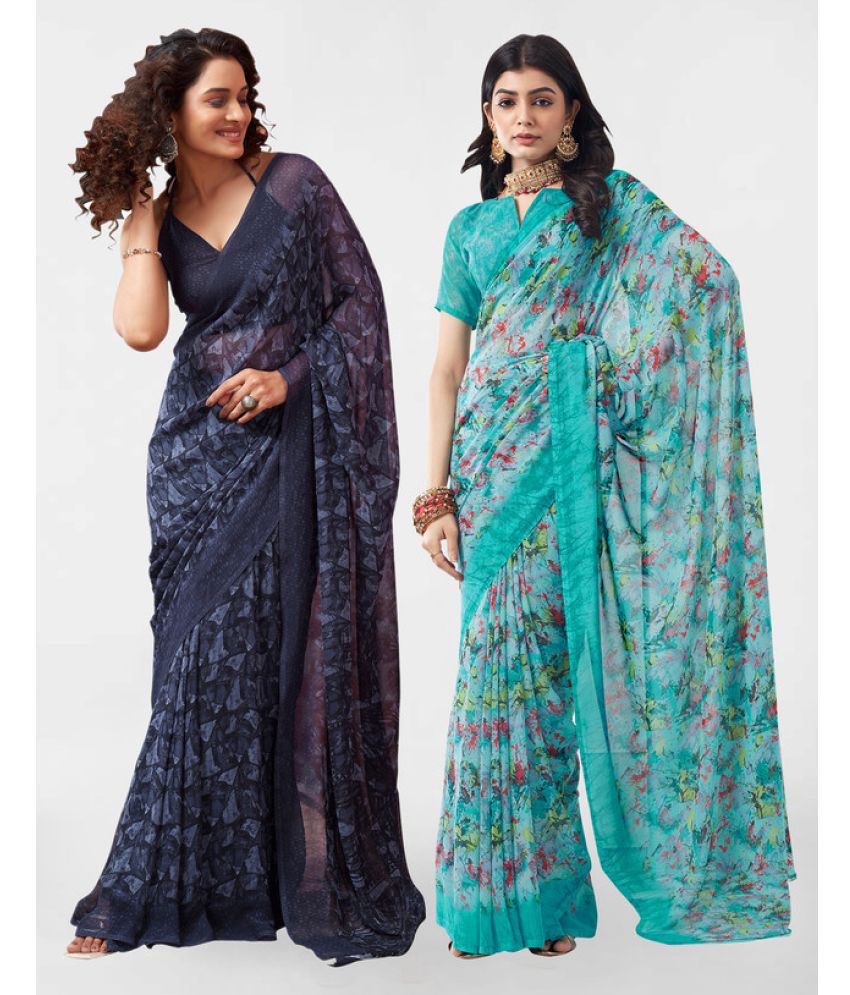     			Samah Georgette Printed Saree With Blouse Piece - Light Blue ( Pack of 2 )