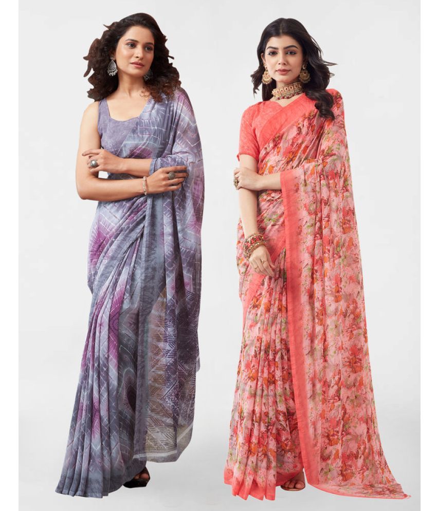     			Samah Georgette Printed Saree With Blouse Piece - Peach ( Pack of 2 )