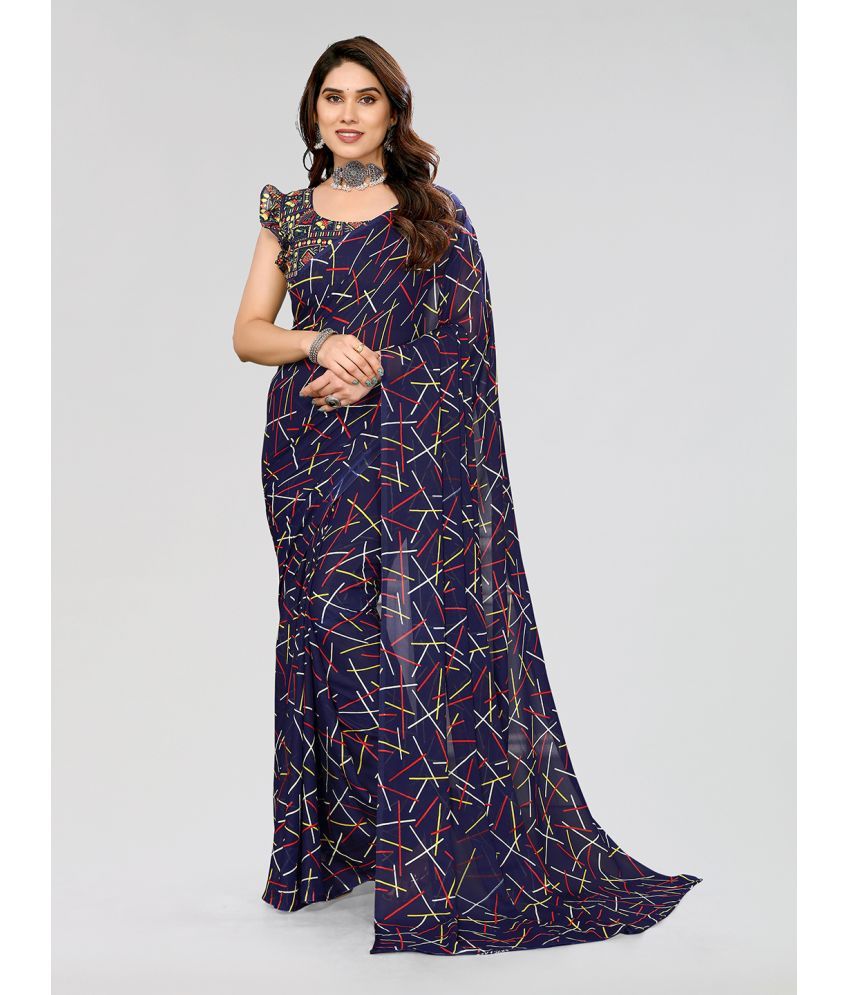     			Kashvi Sarees Georgette Printed Saree With Blouse Piece - Navy Blue ( Pack of 1 )