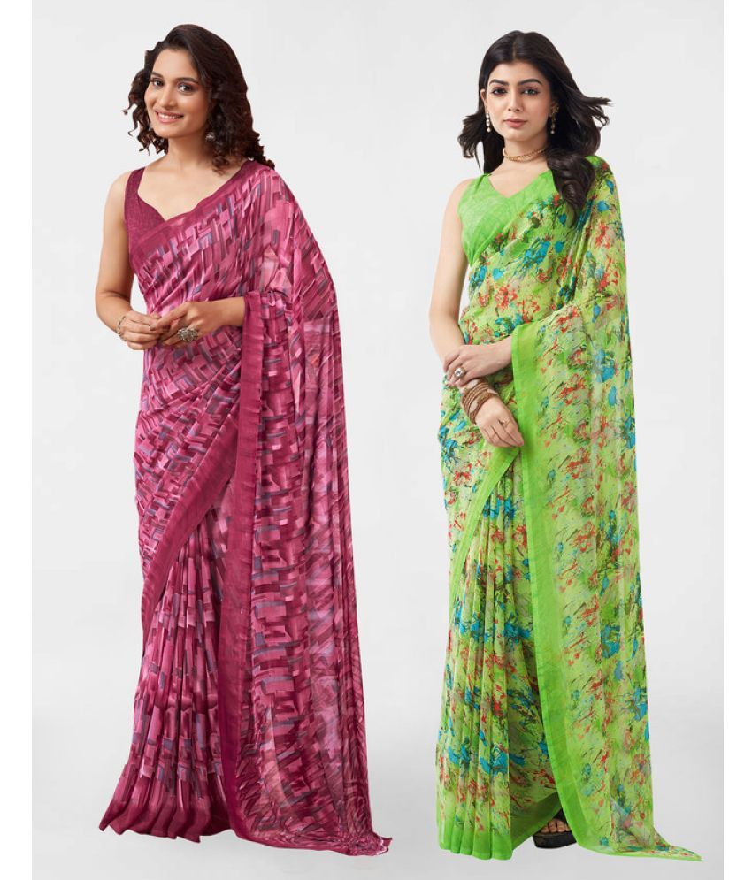     			Samah Georgette Printed Saree With Blouse Piece - Green ( Pack of 2 )