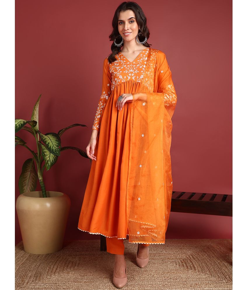     			Vaamsi Cotton Blend Embroidered Kurti With Pants Women's Stitched Salwar Suit - Orange ( Pack of 1 )