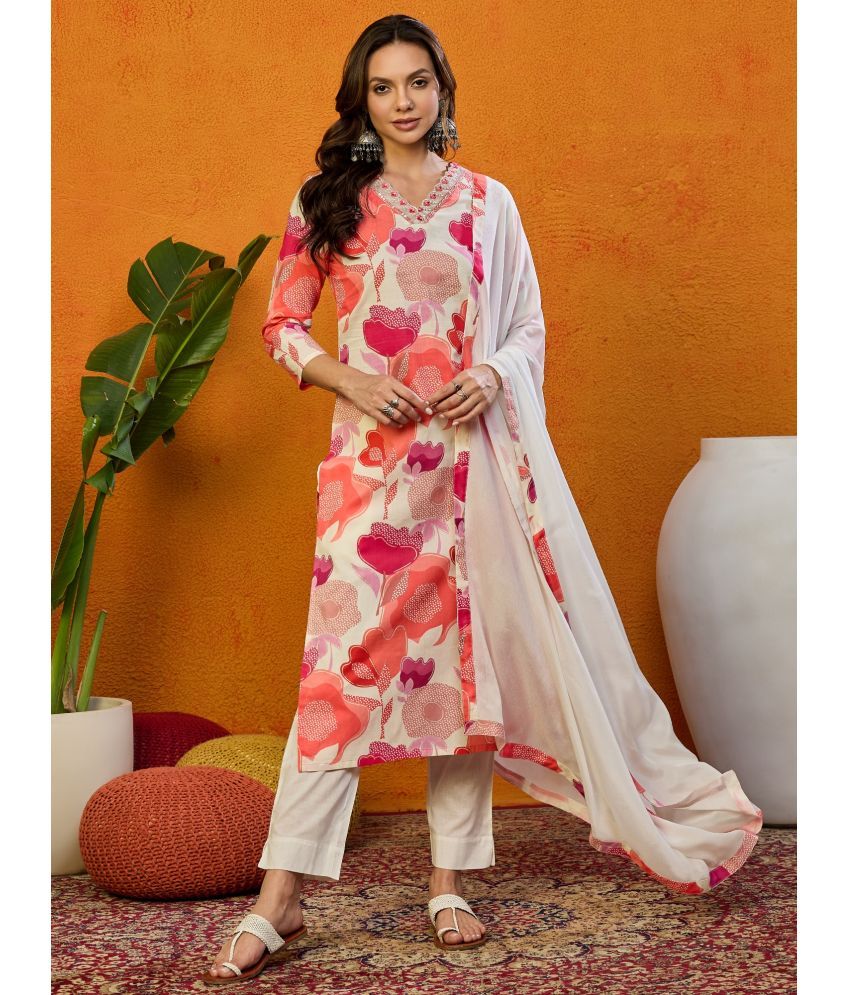     			Vaamsi Cotton Blend Printed Kurti With Pants Women's Stitched Salwar Suit - White ( Pack of 1 )