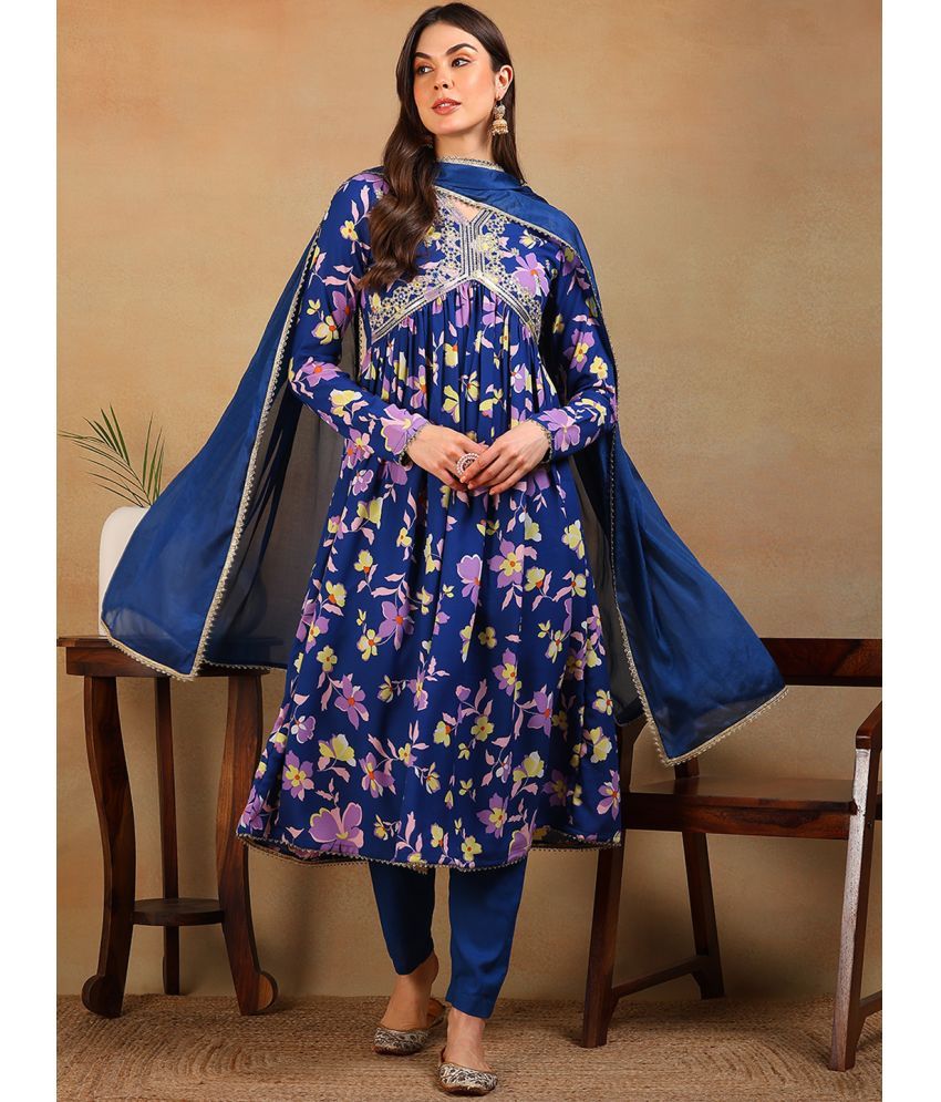     			Vaamsi Polyester Printed Kurti With Pants Women's Stitched Salwar Suit - Blue ( Pack of 1 )