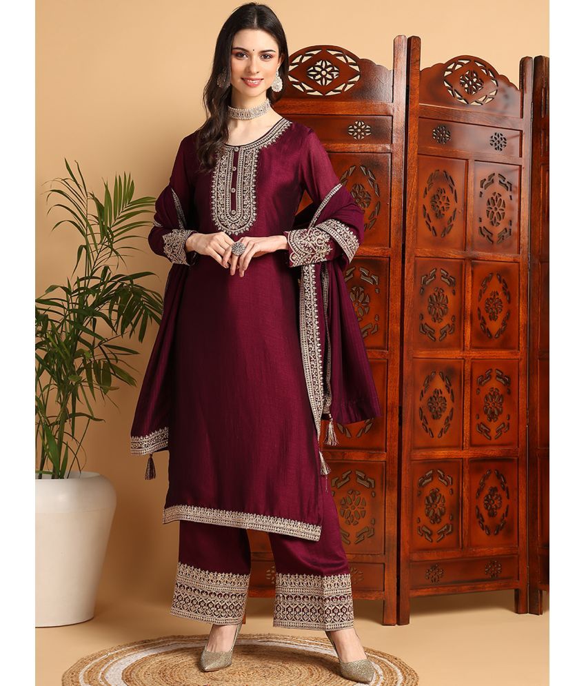     			Vaamsi Silk Blend Embroidered Kurti With Palazzo Women's Stitched Salwar Suit - Wine ( Pack of 1 )