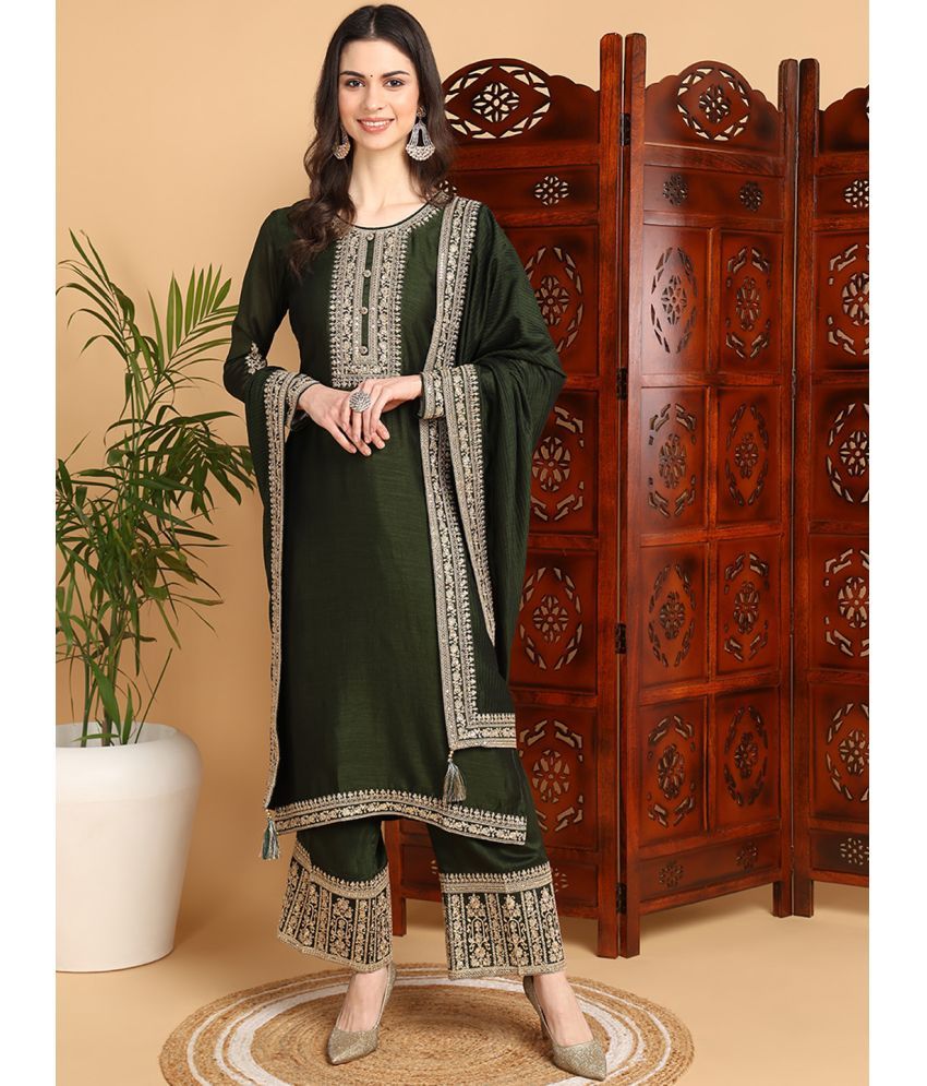     			Vaamsi Silk Blend Embroidered Kurti With Palazzo Women's Stitched Salwar Suit - Olive ( Pack of 1 )