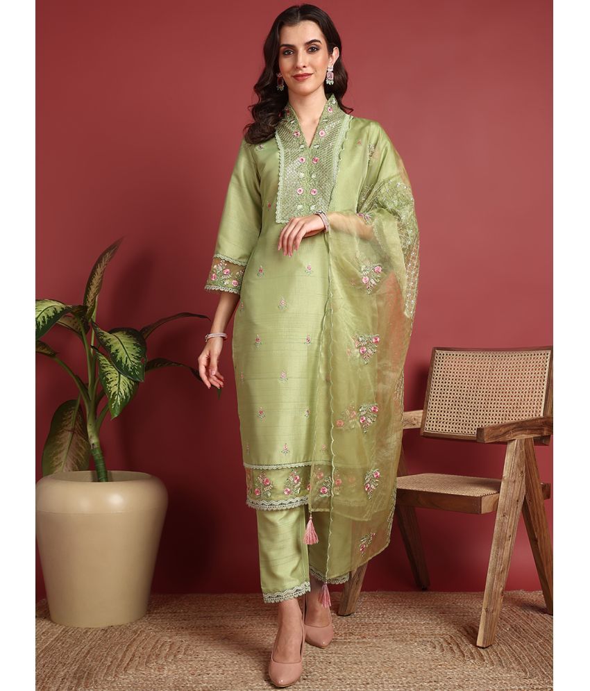     			Vaamsi Silk Blend Embroidered Kurti With Pants Women's Stitched Salwar Suit - Green ( Pack of 1 )