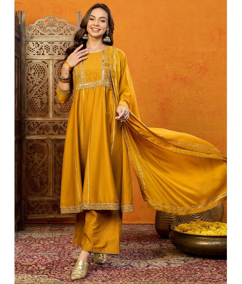     			Vaamsi Silk Blend Embroidered Kurti With Palazzo Women's Stitched Salwar Suit - Mustard ( Pack of 1 )