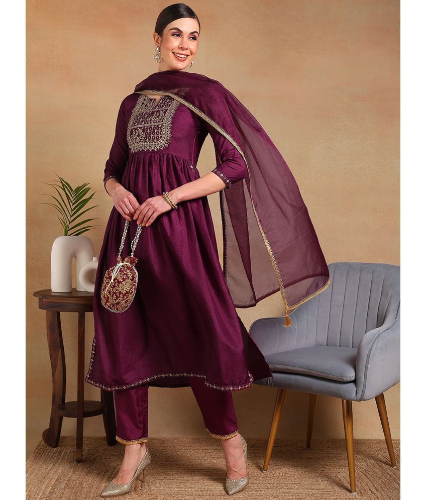     			Vaamsi Silk Blend Embroidered Kurti With Pants Women's Stitched Salwar Suit - Purple ( Pack of 1 )