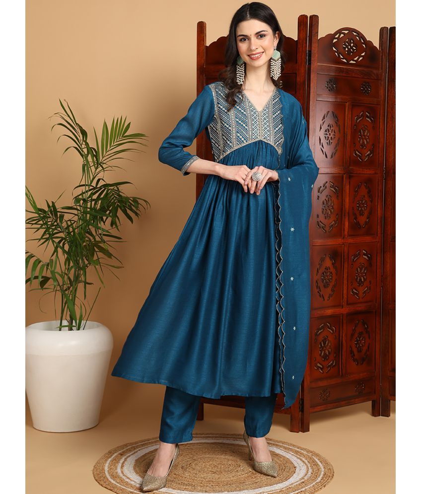     			Vaamsi Silk Blend Embroidered Kurti With Pants Women's Stitched Salwar Suit - Blue ( Pack of 1 )