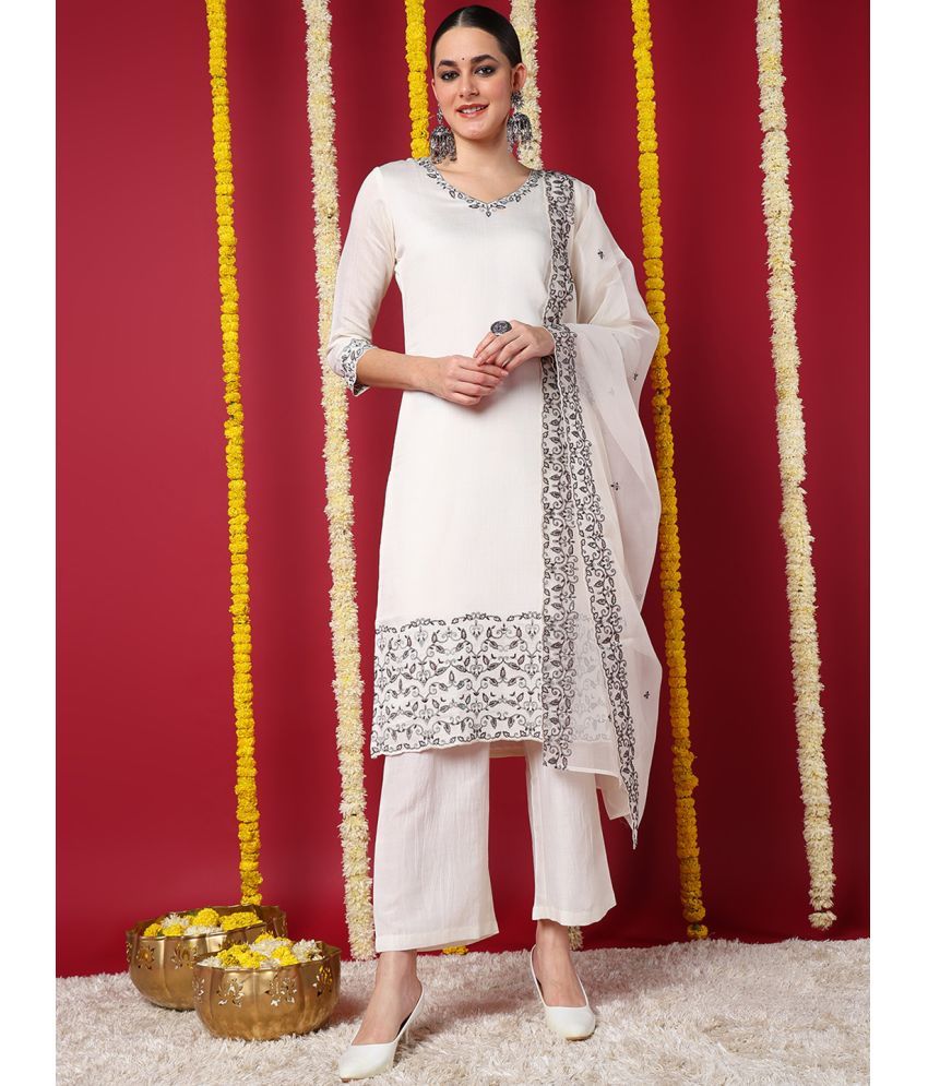     			Vaamsi Silk Blend Embroidered Kurti With Pants Women's Stitched Salwar Suit - Off White ( Pack of 1 )