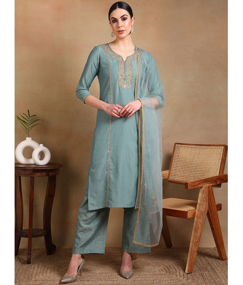     			Vaamsi Silk Blend Embroidered Kurti With Palazzo Women's Stitched Salwar Suit - Sea Green ( Pack of 1 )