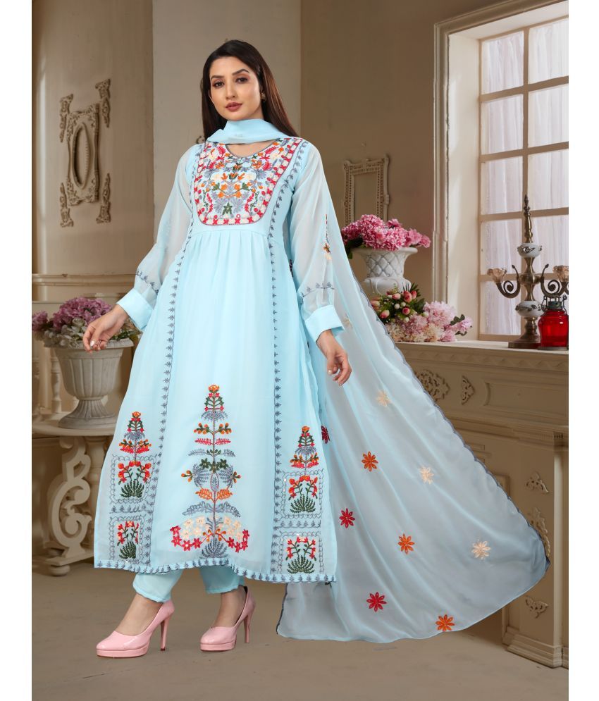     			shankhpushpi Georgette Embroidered Kurti With Pants Women's Stitched Salwar Suit - Light Blue ( Pack of 1 )