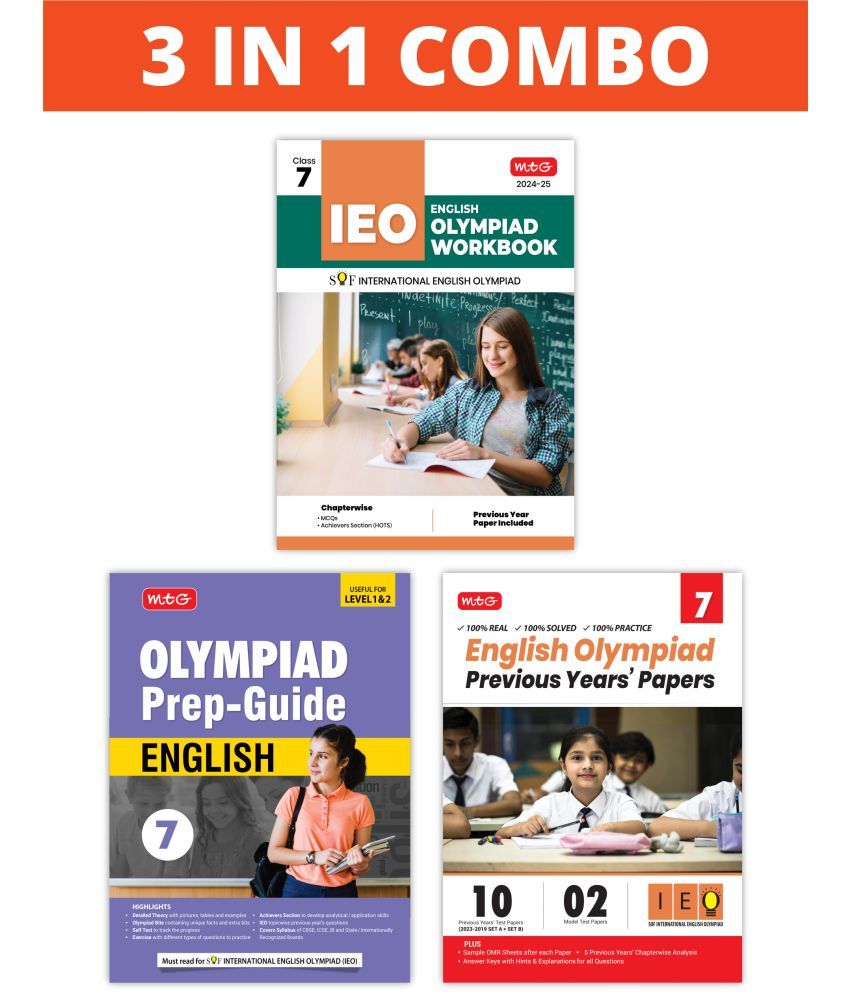     			MTG International English Olympiad (IEO) Workbook, Prep-Guide & Previous Years Papers (PYQs) with Mock Test Paper Class 7 - SOF Olympiad Books For 2024-25 Exam (Set of 3 Books)