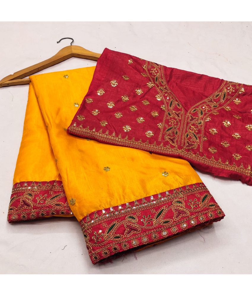     			Poshvariety Silk Embroidered Saree With Blouse Piece - Yellow ( Pack of 1 )