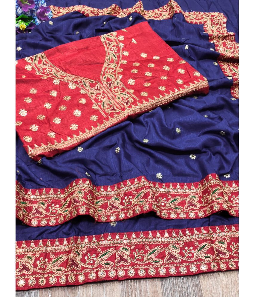     			Poshvariety Silk Embroidered Saree With Blouse Piece - Navy Blue ( Pack of 1 )