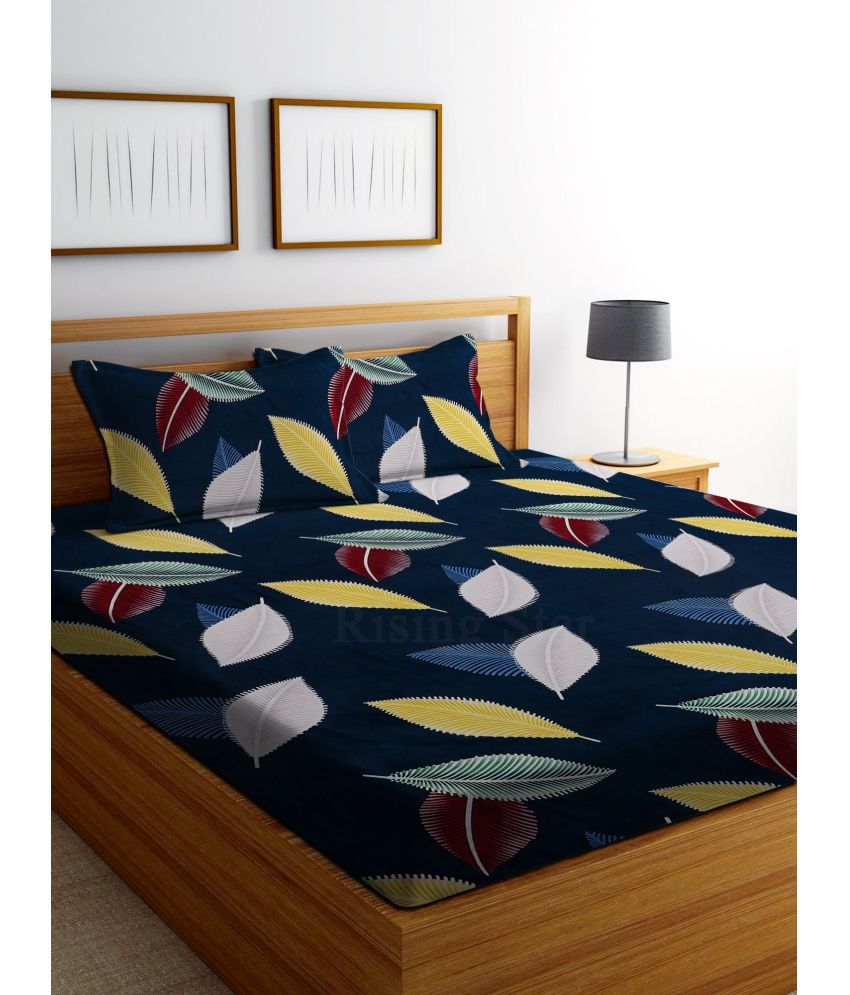     			Rising Star Cotton Nature 1 Double Bedsheet with 2 Pillow Covers - Blue