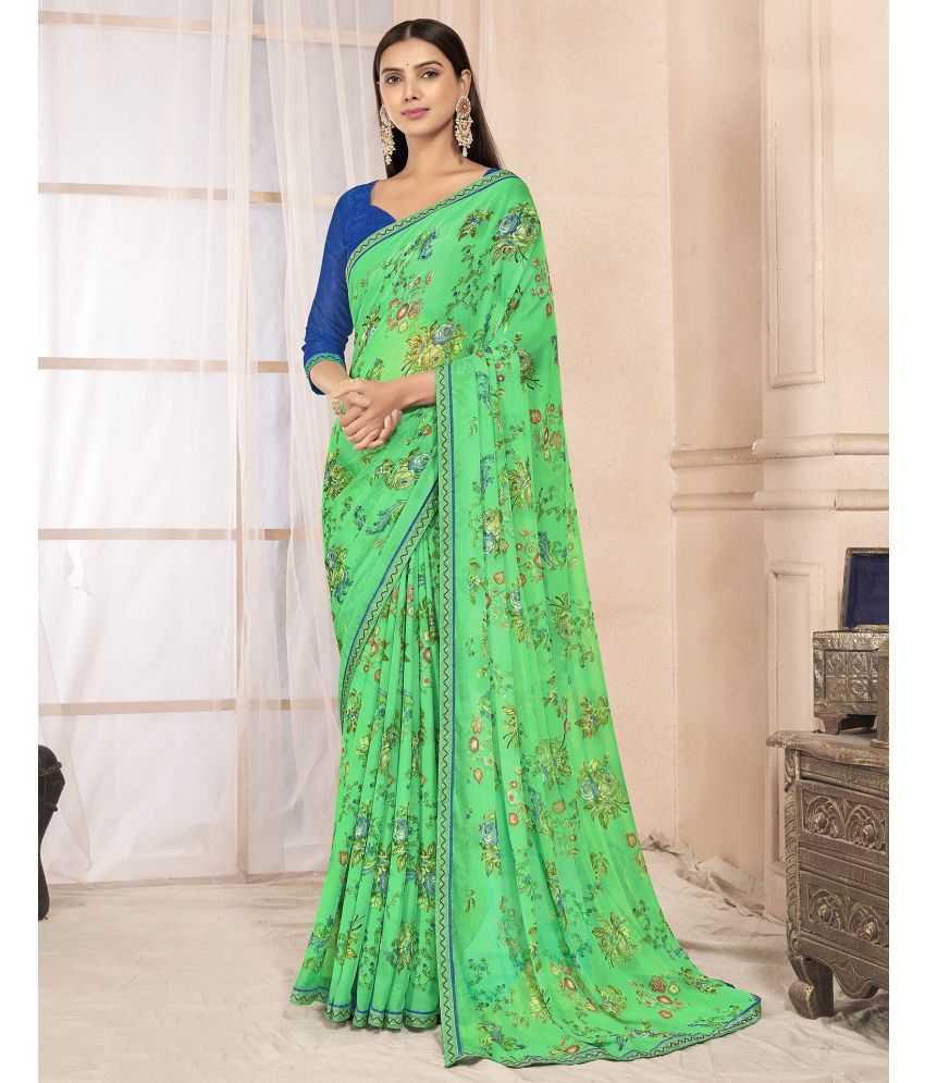     			Samah Chiffon Printed Saree With Blouse Piece - Green ( Pack of 1 )