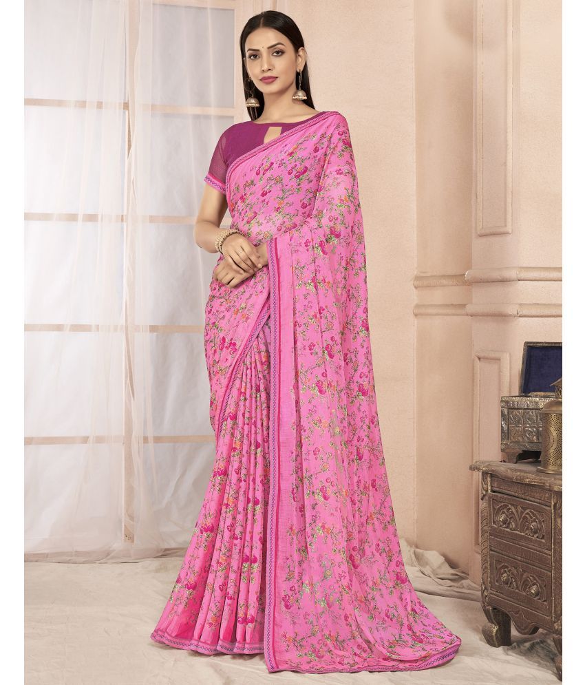     			Samah Chiffon Printed Saree With Blouse Piece - Pink ( Pack of 1 )