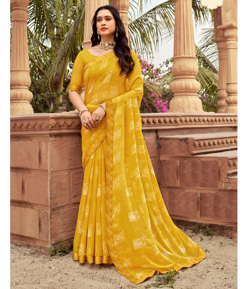     			Samah Chiffon Printed Saree With Blouse Piece - Yellow ( Pack of 1 )