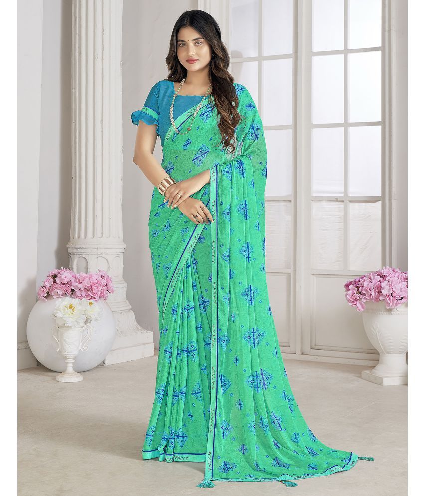     			Samah Chiffon Printed Saree With Blouse Piece - Turquoise ( Pack of 1 )