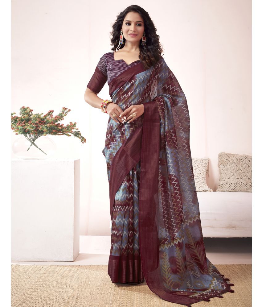     			Samah Cotton Blend Printed Saree With Blouse Piece - Maroon ( Pack of 1 )