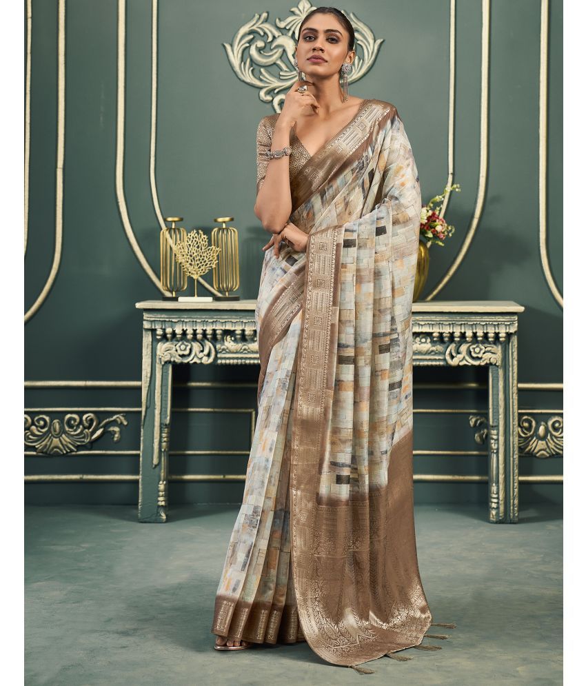     			Samah Cotton Blend Printed Saree With Blouse Piece - Cream ( Pack of 1 )