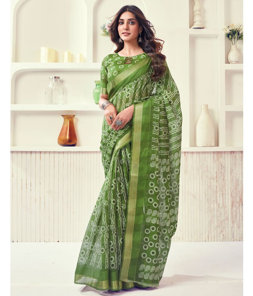     			Samah Cotton Blend Printed Saree With Blouse Piece - Green ( Pack of 1 )