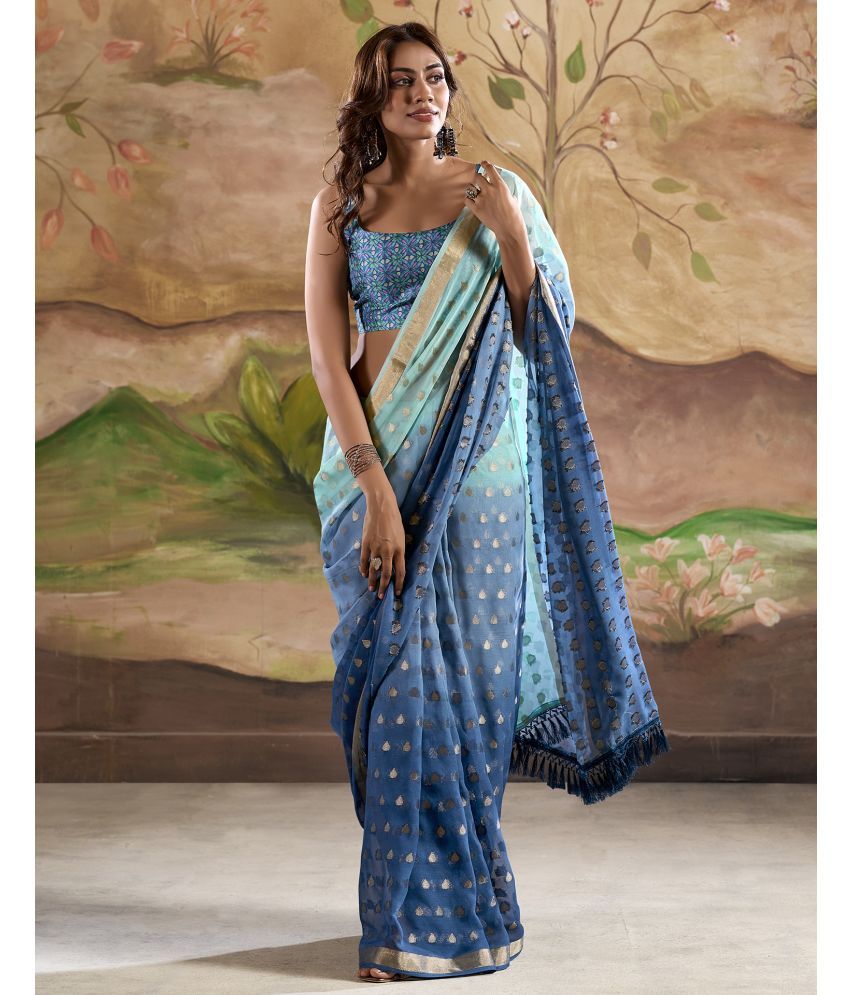     			Samah Georgette Woven Saree With Blouse Piece - Light Blue ( Pack of 1 )