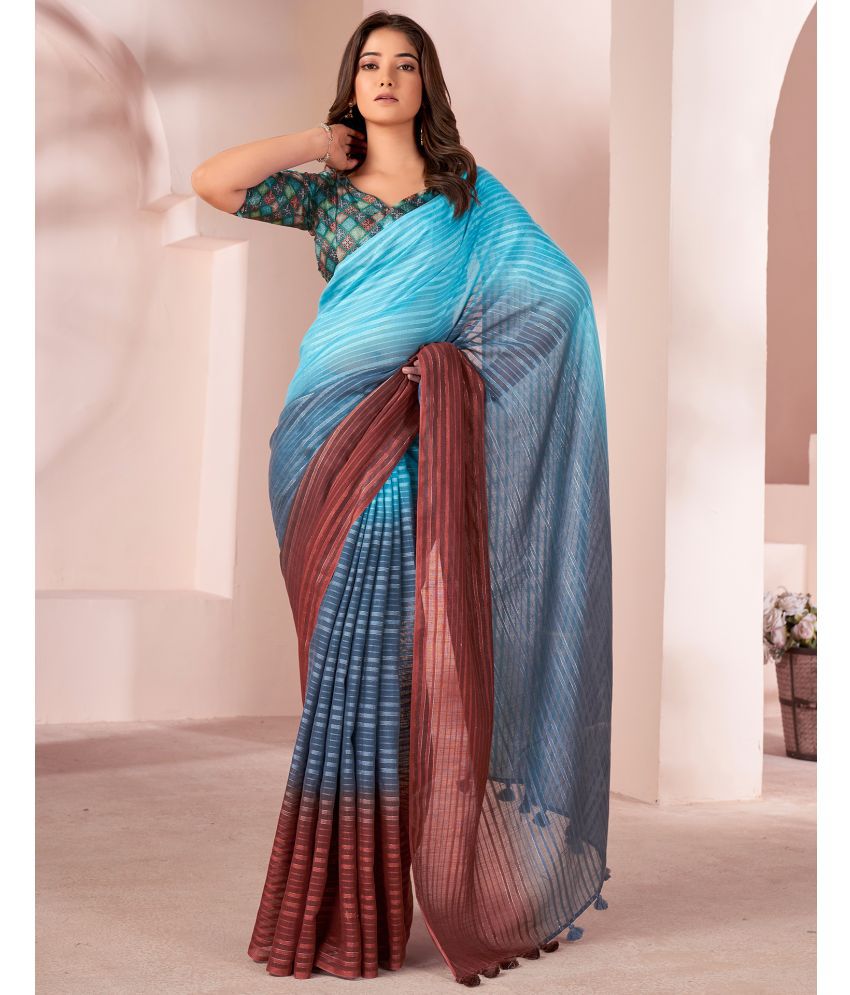     			Samah Linen Striped Saree With Blouse Piece - Grey ( Pack of 1 )