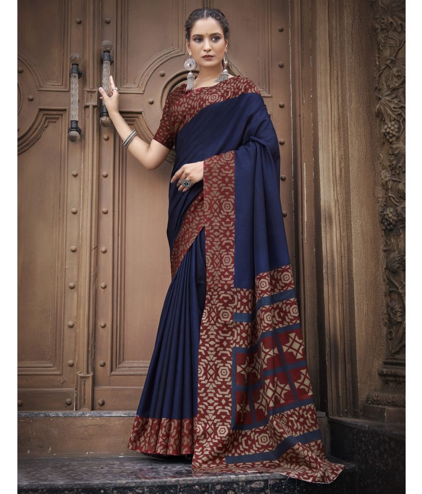     			Samah Silk Printed Saree With Blouse Piece - Navy Blue ( Pack of 1 )