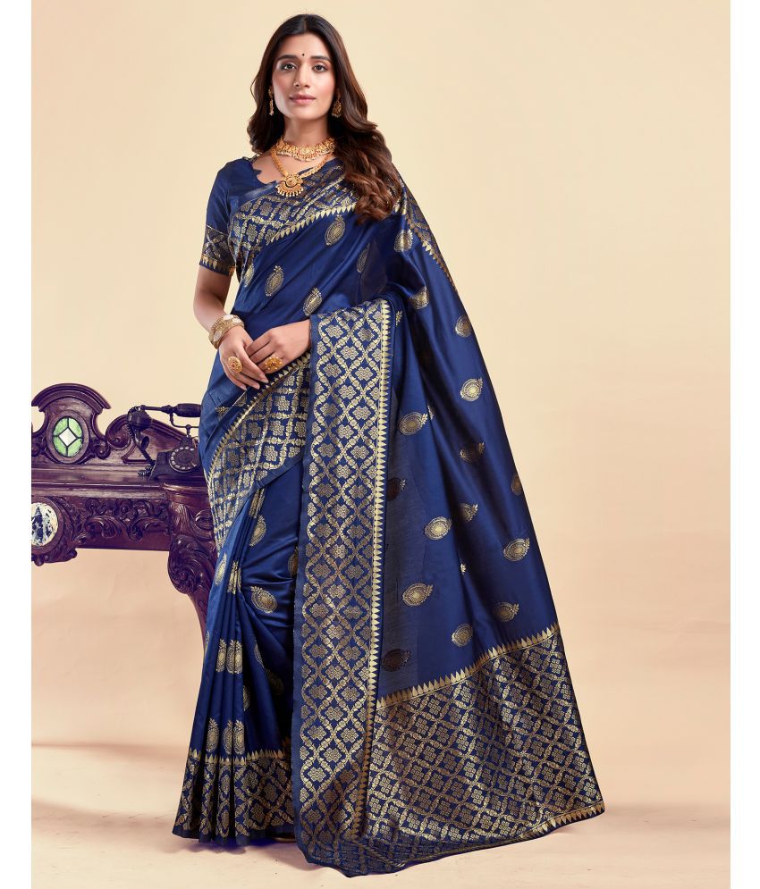     			Samah Silk Woven Saree With Blouse Piece - Navy Blue ( Pack of 1 )
