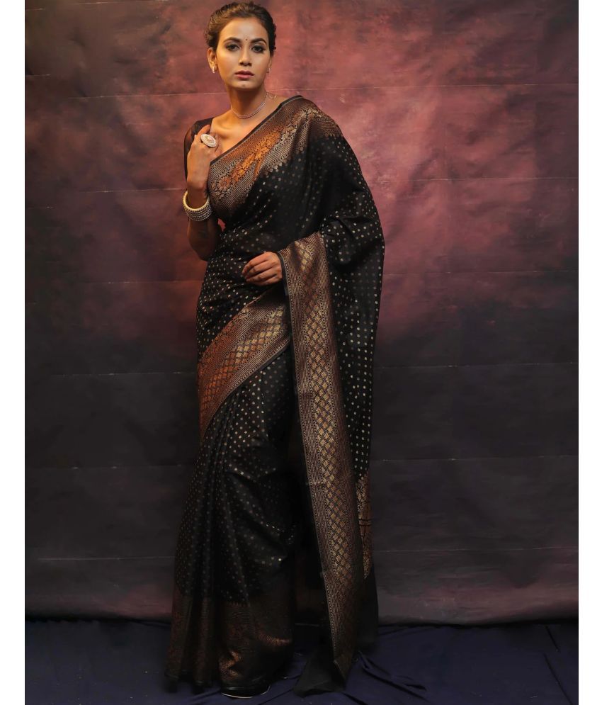     			Samah Silk Woven Saree With Blouse Piece - Black ( Pack of 1 )