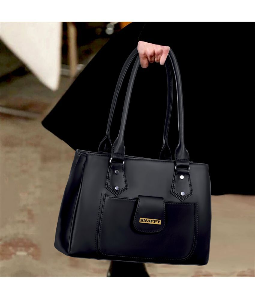     			Snappy Black PU Shoulder Bag