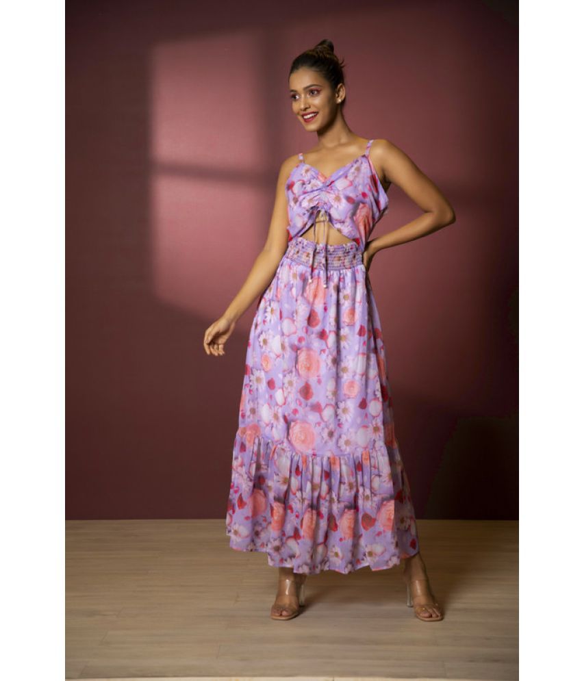     			Urban Sundari Georgette Printed Full Length Women's Fit & Flare Dress - Purple ( Pack of 1 )