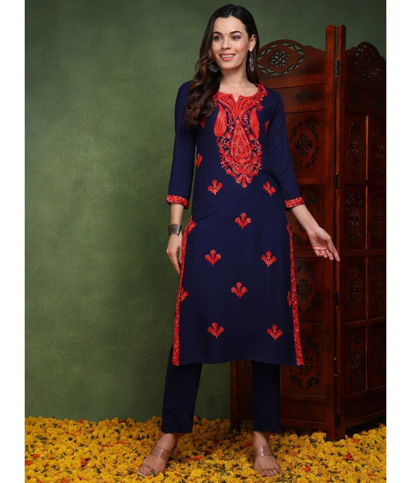     			Vaamsi Rayon Embroidered Straight Women's Kurti - Blue ( Pack of 1 )