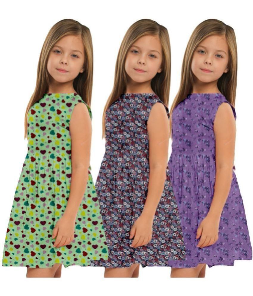     			CRAZYON Multi Cotton Girls Fit And Flare Dress ( Pack of 3 )