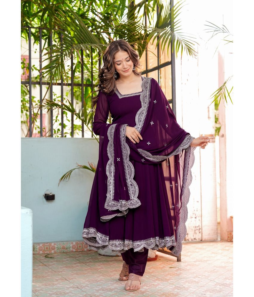     			Estela Georgette Embroidered Anarkali With Churidar Women's Stitched Salwar Suit - Purple ( Pack of 1 )